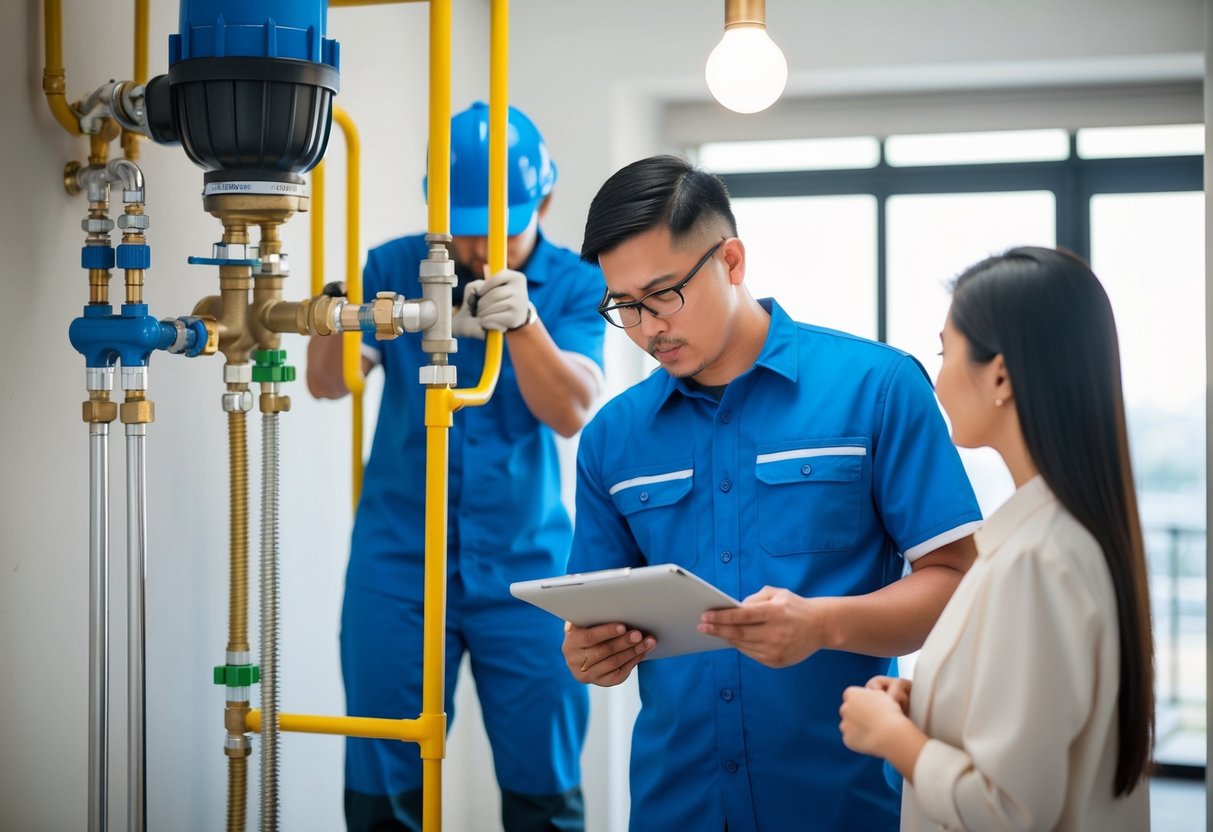 A plumber in Pandan Indah works on a plumbing system while discussing cost and financing with a customer