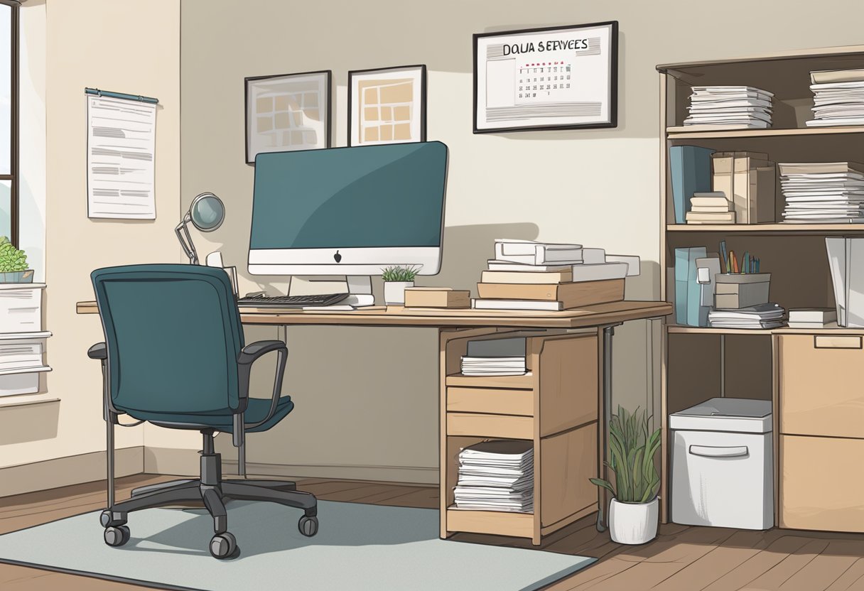 A cozy office with a desk, computer, and a stack of paperwork. A calendar on the wall shows the date. A sign on the door reads "Doula Services."