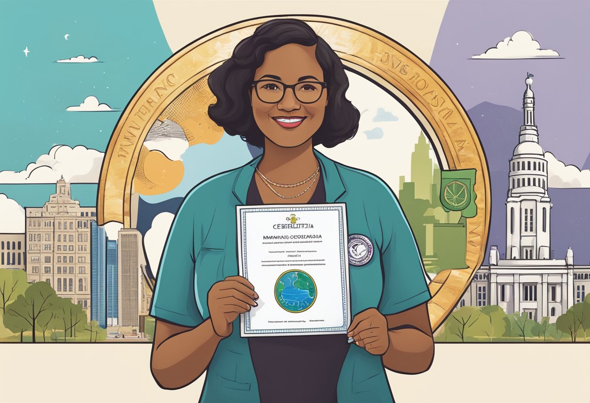 A doula holding a certification badge, surrounded by Minnesota landmarks and symbols