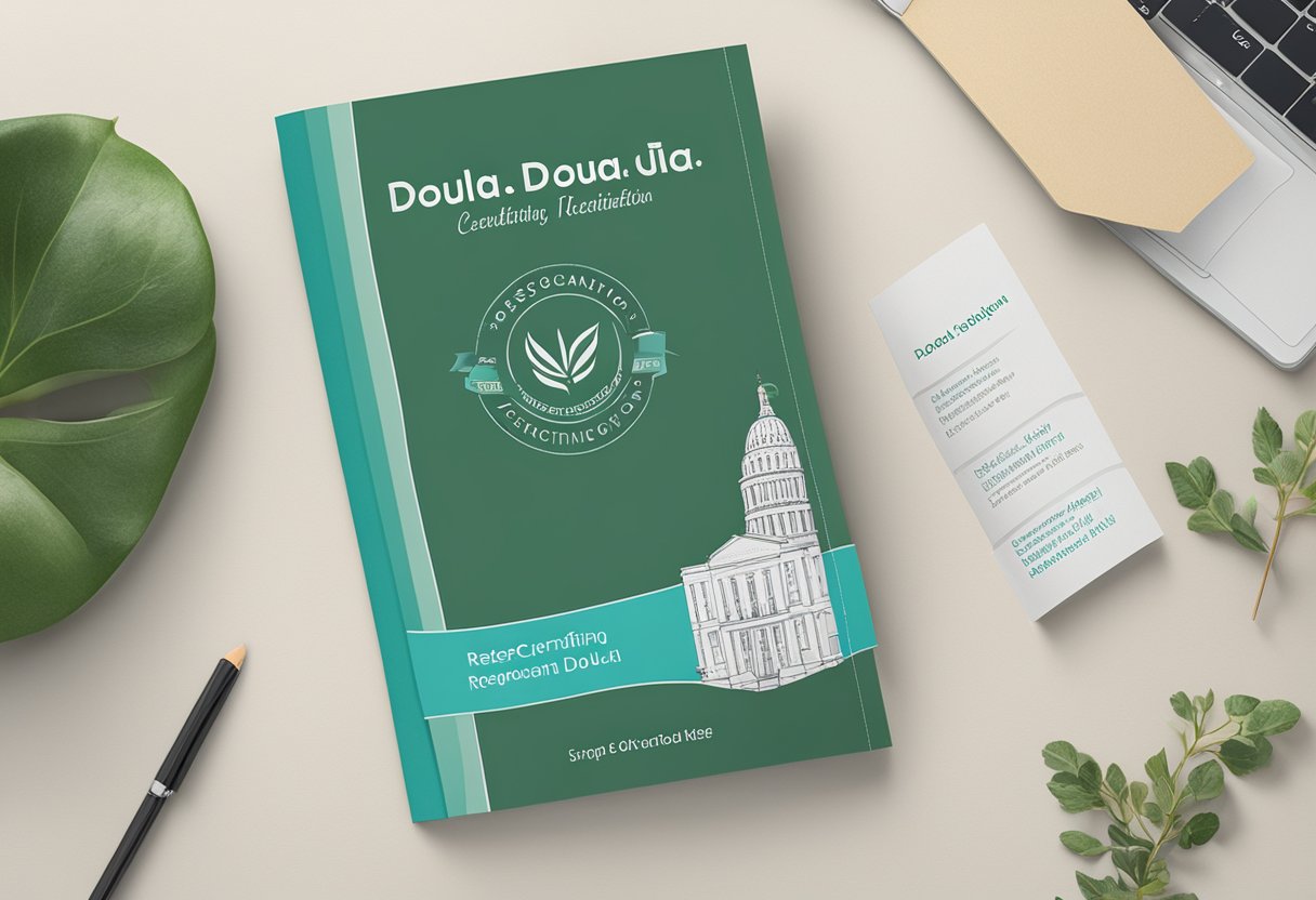 A doula certification brochure with pathways and requirements displayed on a desk