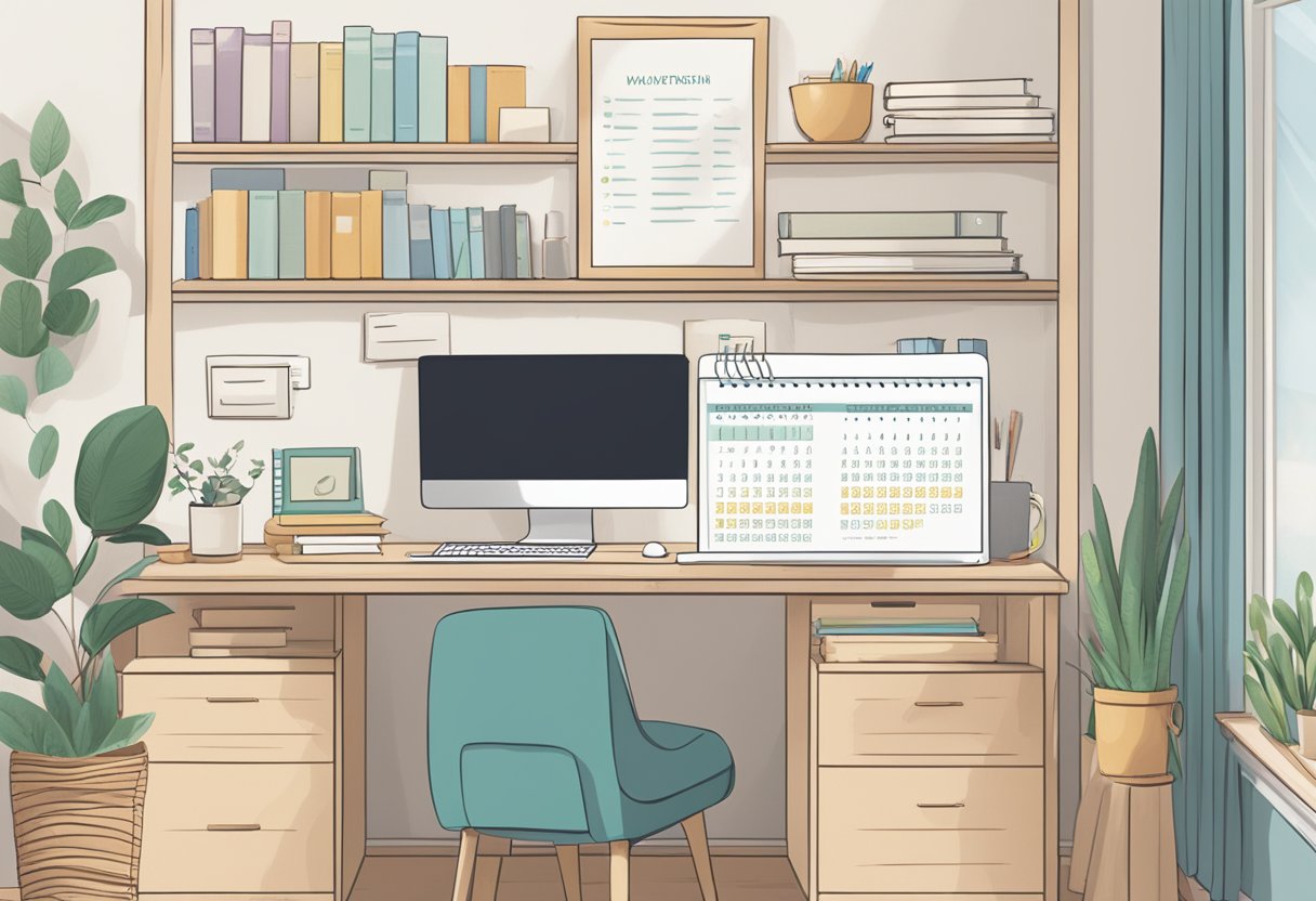 A cozy office space with a desk, computer, and a shelf of books on childbirth and prenatal care. A wall calendar displays upcoming workshops and certification courses