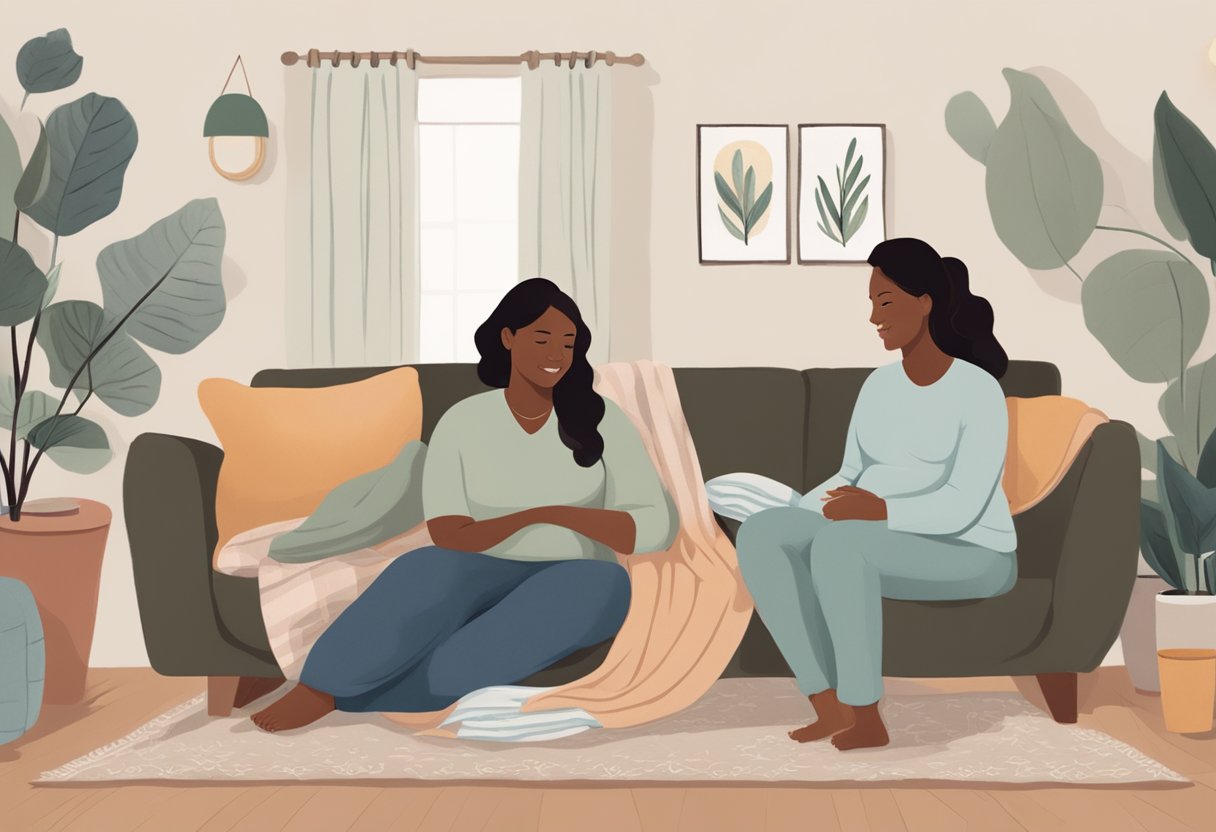 A postpartum doula and a birth doula sitting in a cozy Minnesota living room, surrounded by soft blankets and pillows, having a warm and comforting conversation