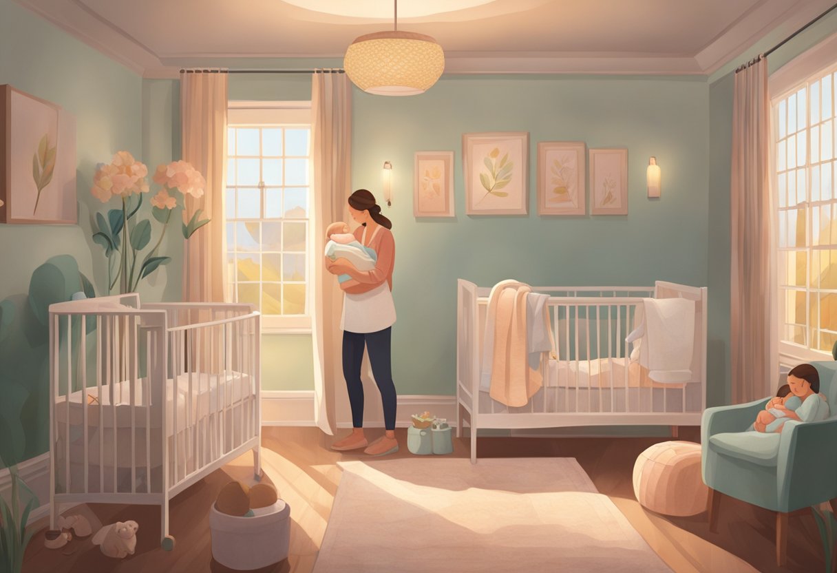 A serene birthing room with a cozy atmosphere, soft lighting, and comforting decor. Two women, one supporting a laboring mother, the other caring for a new mother and baby