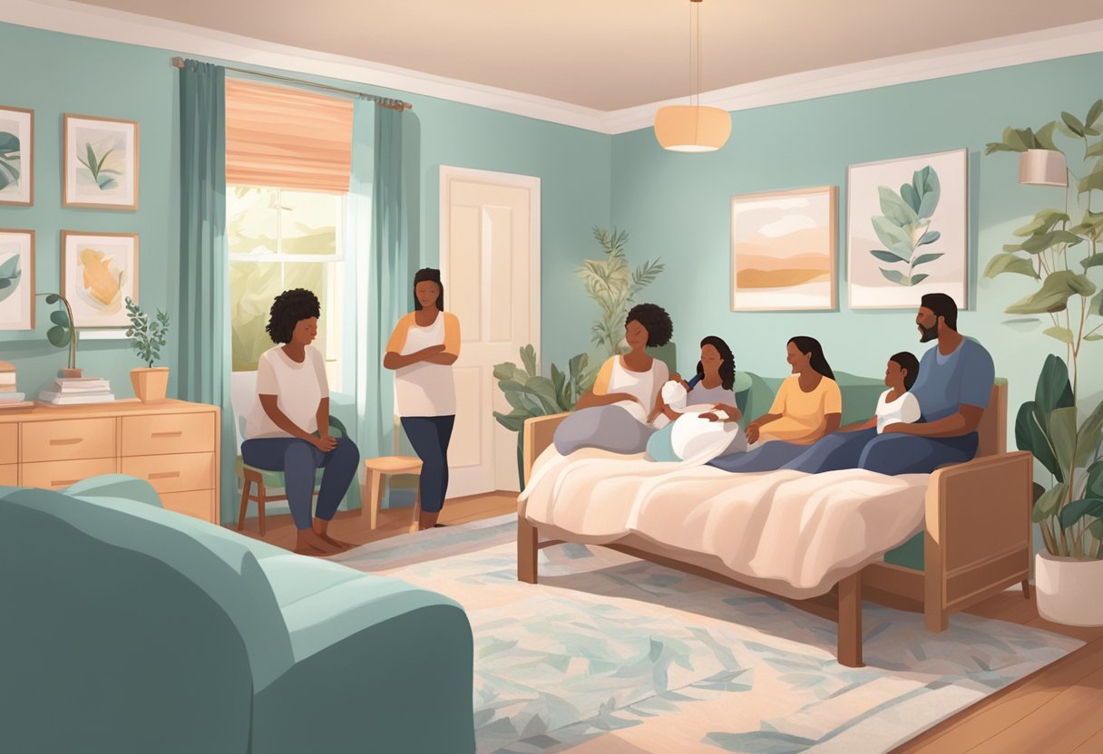 A serene birthing room with a comfortable bed and calming decor, surrounded by supportive family members and a knowledgeable doula providing guidance and assistance