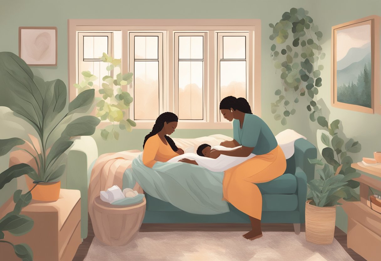 A doula comforting a laboring mother in a cozy Minnesota birthing room, surrounded by calming colors and natural elements