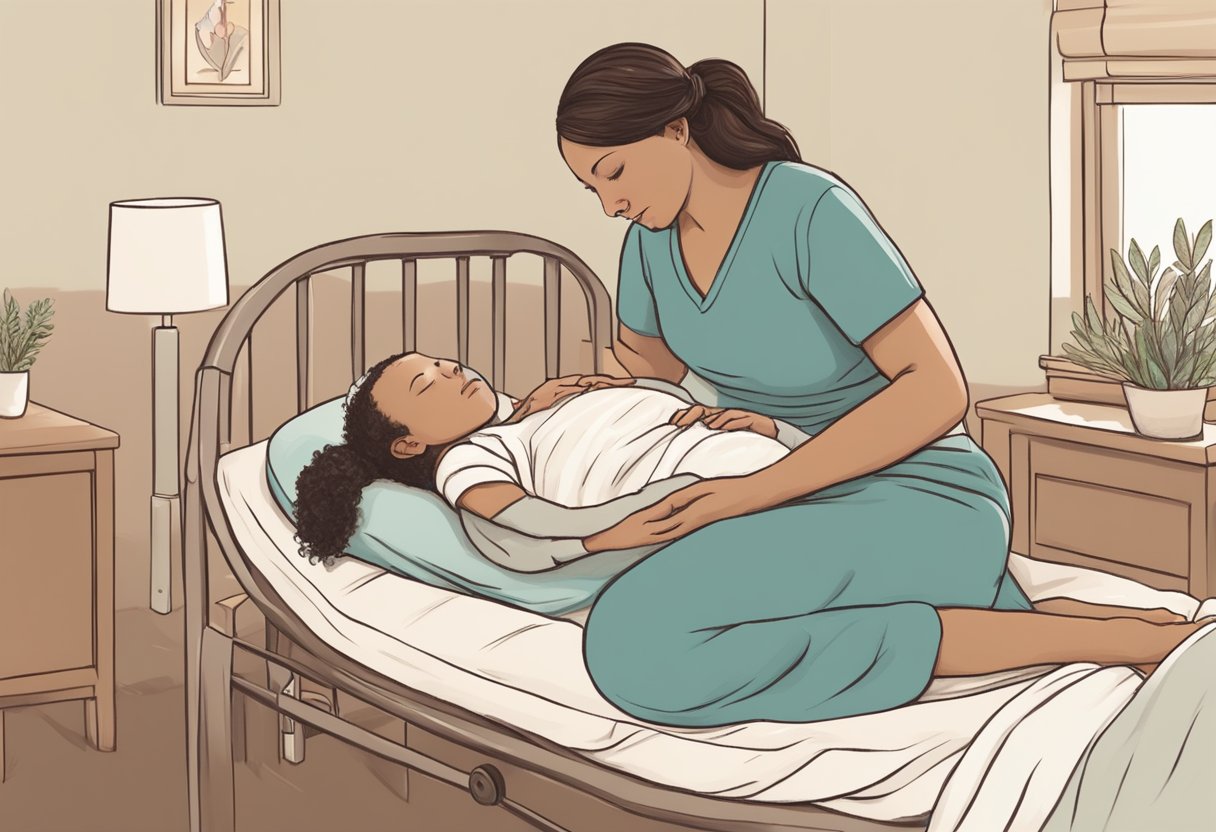 A doula comforting a laboring mother, offering support and guidance during childbirth in a serene Minnesota birthing center