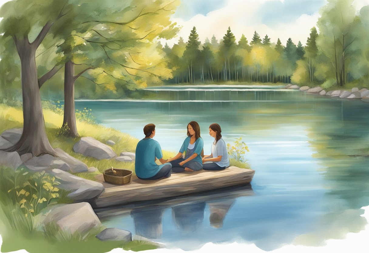 A serene lakeside setting with a doula providing support to a laboring person, surrounded by a peaceful and natural environment in Minnesota