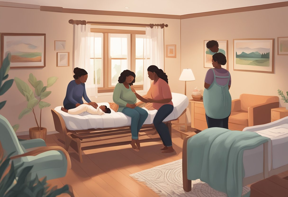 A doula comforting a laboring woman in a cozy Minnesota birthing room, surrounded by calming music and supportive family members