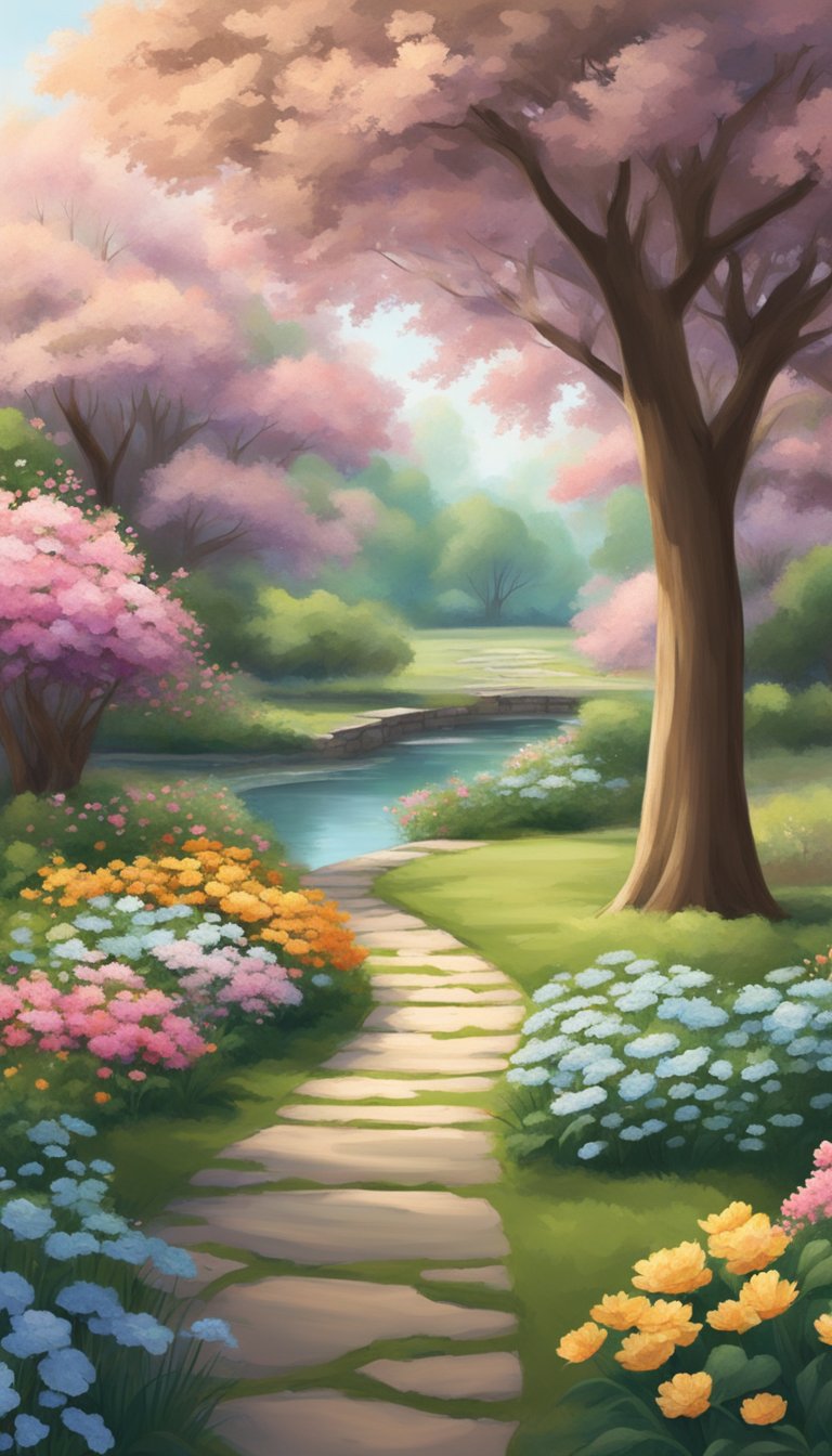 Um jardim sereno com um caminho sinuoso levando a um lago tranquilo cercado por flores em flor e sombreado por árvores antigas