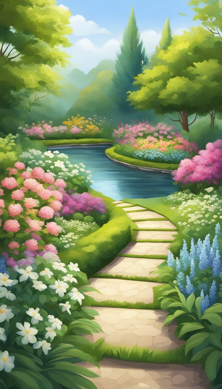 Um jardim sereno com um caminho sinuoso levando a um lago tranquilo cercado por flores em flor e vegetação exuberante