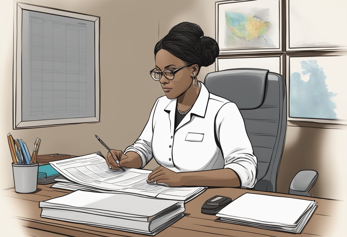 A doula sitting at a desk, reviewing legal documents with a focused expression. A Minnesota state flag is visible in the background