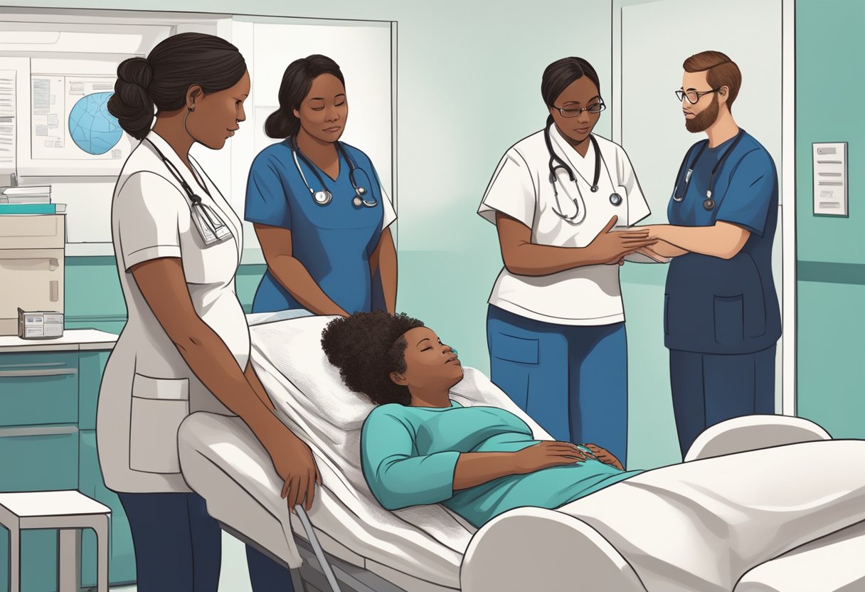 A doula providing support to a pregnant person in a Minnesota hospital, surrounded by medical staff and paperwork