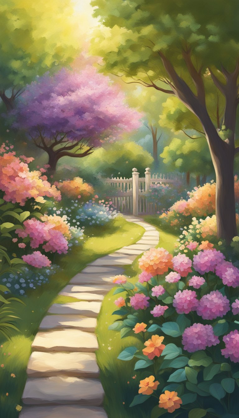 Um jardim sereno com flores vibrantes e um caminho sinuoso levando a um espaço de meditação tranquilo sob uma árvore em flor. O sol brilha através das folhas, projetando luz entremeada na cena pacífica.