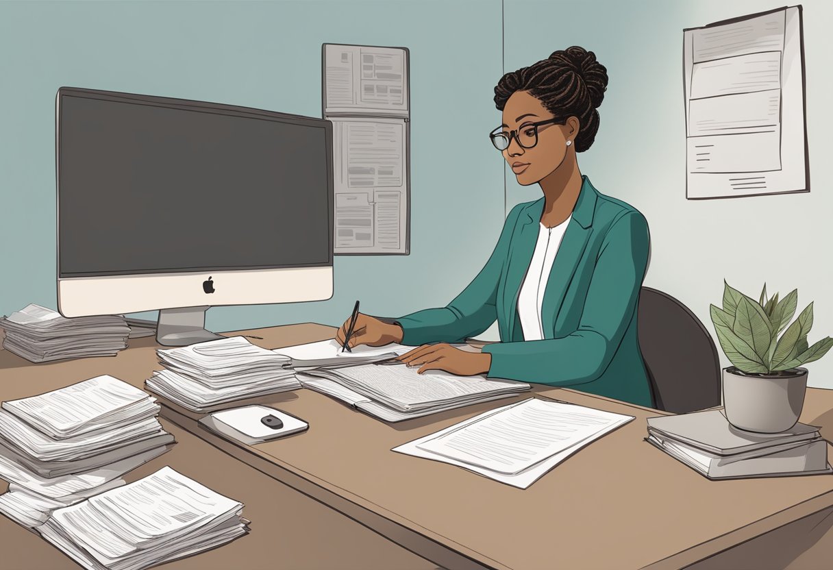 A doula sitting at a desk, surrounded by legal documents and a computer, researching Minnesota's legal requirements for doulas