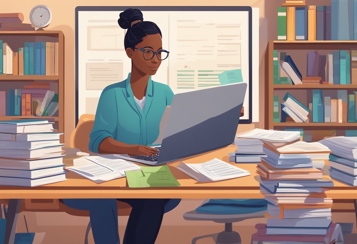 A doula sits at a desk with legal documents and a laptop, surrounded by books and a calendar. Income and tax forms are spread out in front of them