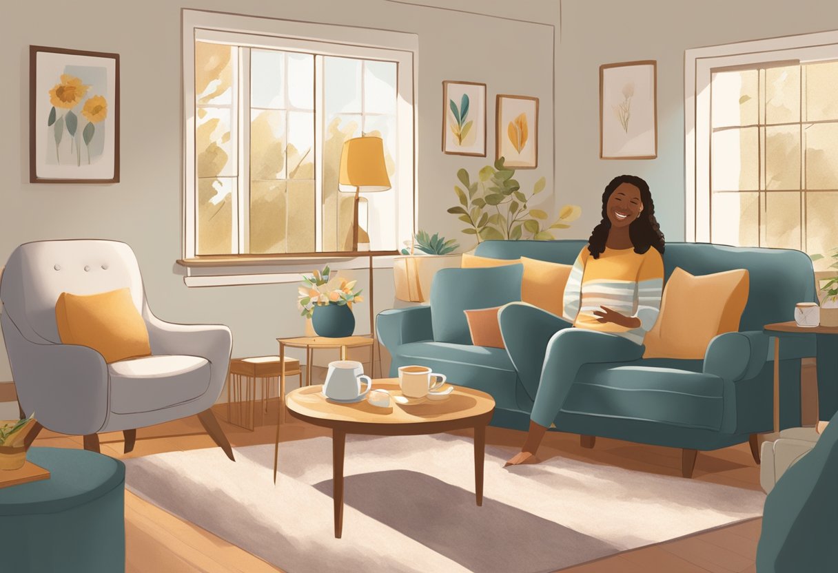 A new doula in Minnesota greeting expectant parents in a cozy, sunlit living room with a warm cup of tea