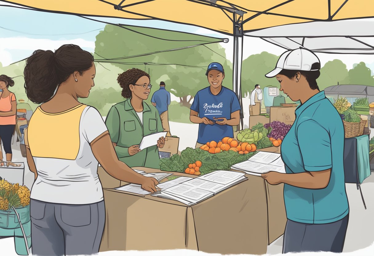 A doula setting up a booth at a local farmers market, engaging with potential clients and handing out informational brochures