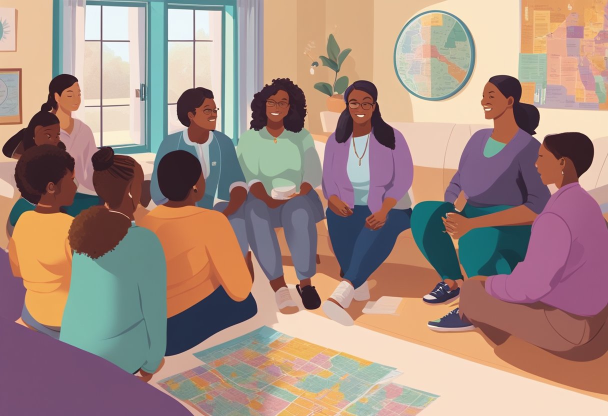 A group of diverse individuals gather in a cozy, sunlit room, discussing doula scholarships and financial aid in Minnesota. A map of the state hangs on the wall, surrounded by colorful posters promoting maternal health and support