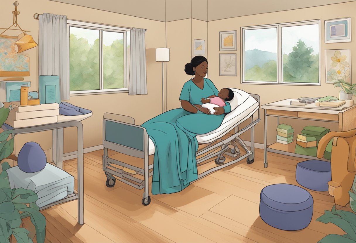 A serene birthing room with a doula supporting a mother, surrounded by comforting symbols of financial aid and scholarship opportunities in Minnesota