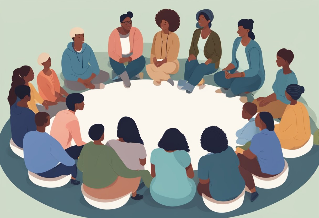 A group of diverse individuals gather in a circle, discussing doula certification and financial aid options in Minnesota. A sense of community and support is evident in the scene