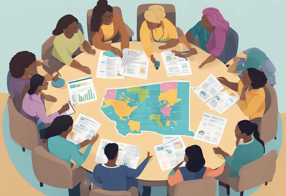 A group of doulas gather in a circle, discussing financial aid options. A map of Minnesota is displayed on the wall, with scholarship information pinned to specific locations