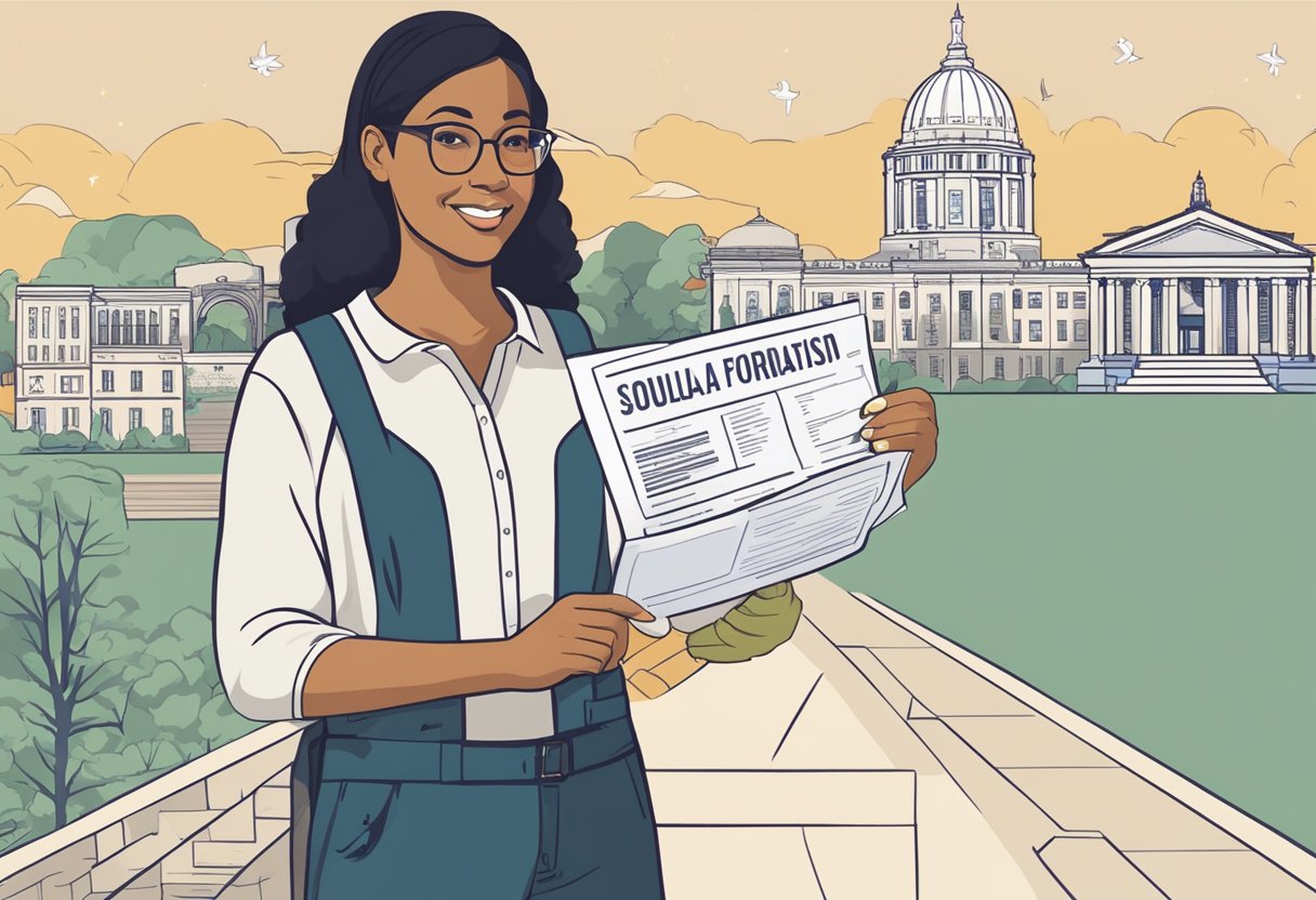 A doula holding a scholarship application form, surrounded by Minnesota landmarks and symbols, with financial aid information displayed nearby