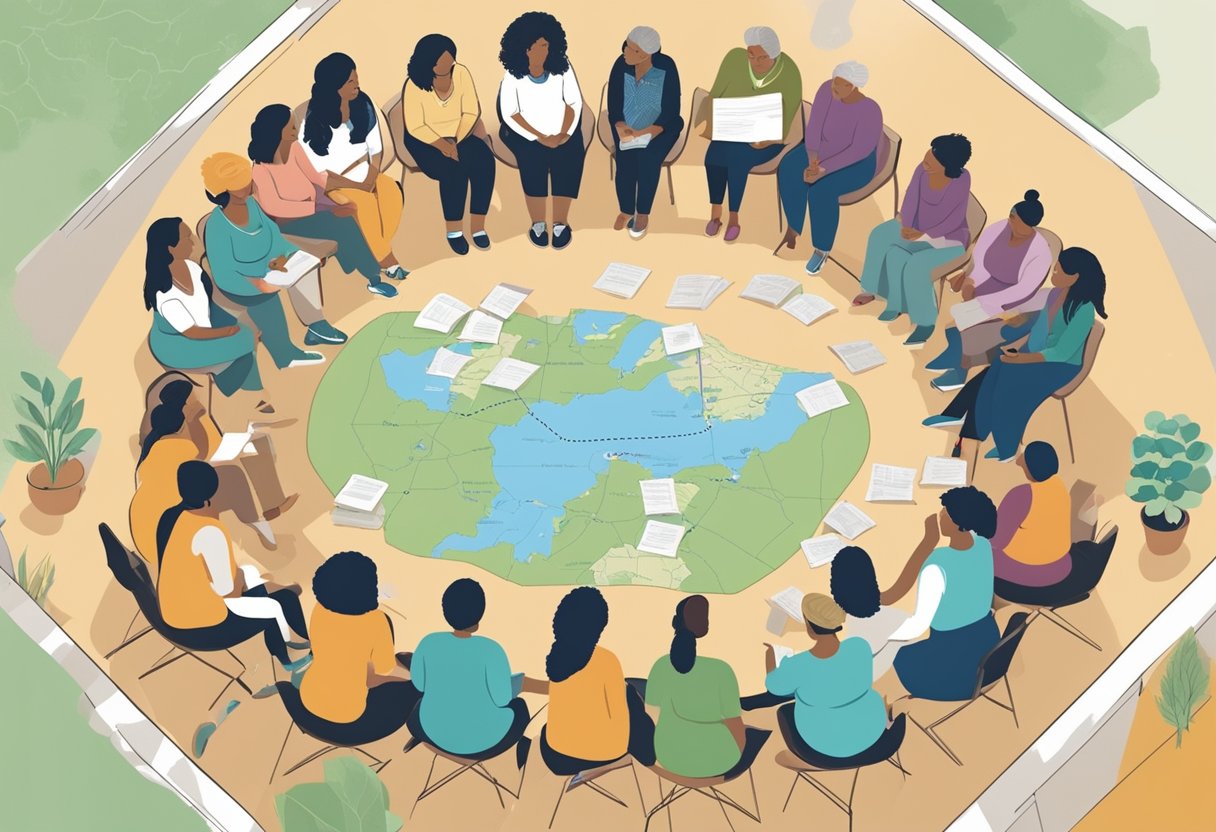 A group of doulas gather in a circle, sharing knowledge and support. A map of Minnesota hangs on the wall, with pins marking various certification locations