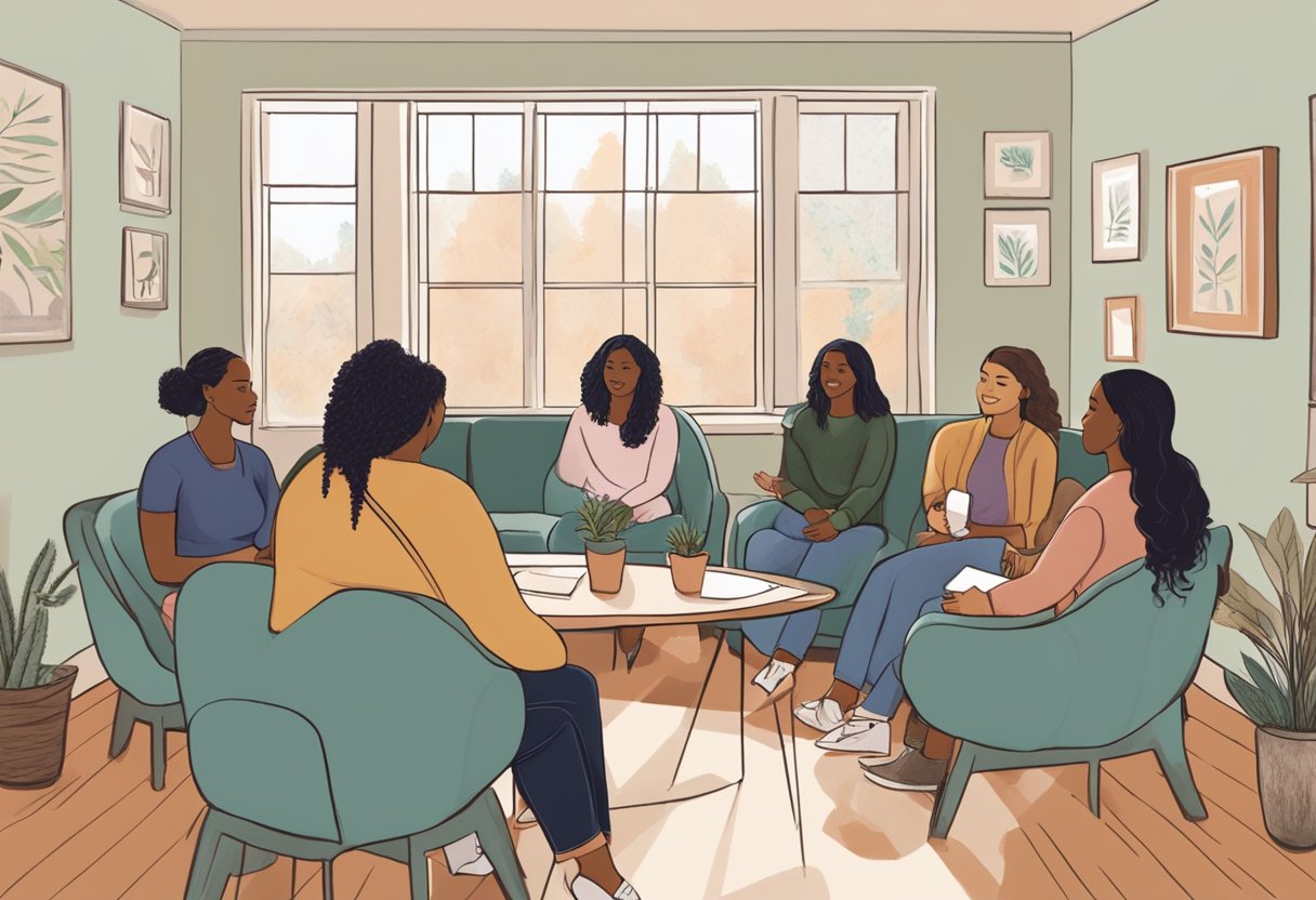 A group of doulas gather in a cozy meeting space, sharing resources and support while networking in Minnesota