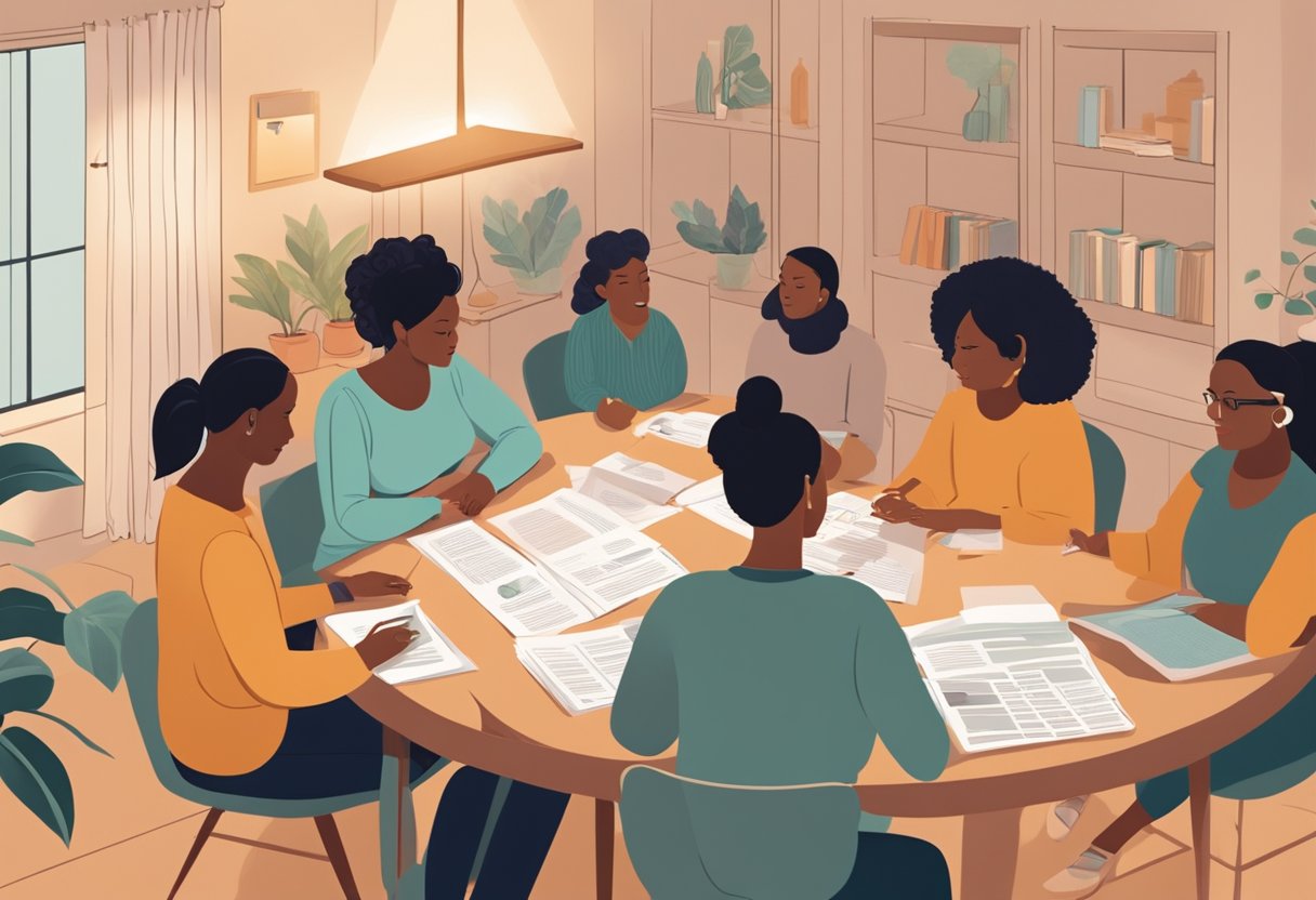 A group of doulas gather in a cozy, well-lit room, sharing resources and support. Charts and financial documents are spread out on a table, as they discuss the financial aspects of their profession