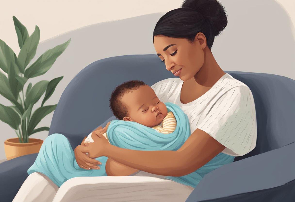 A postpartum doula sitting with a new mother, offering emotional support and guidance while holding a newborn baby