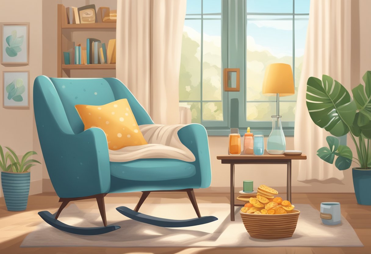 A cozy living room with a rocking chair, soft blankets, and a table with snacks and drinks. A warm, nurturing atmosphere for a new mother and her baby