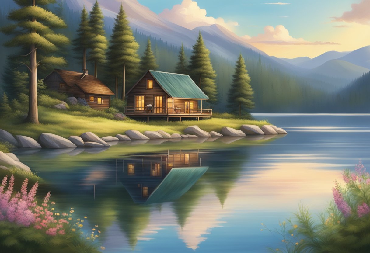 A peaceful lakeside with a cozy cabin nestled among tall pine trees, surrounded by rolling hills and wildflowers in bloom