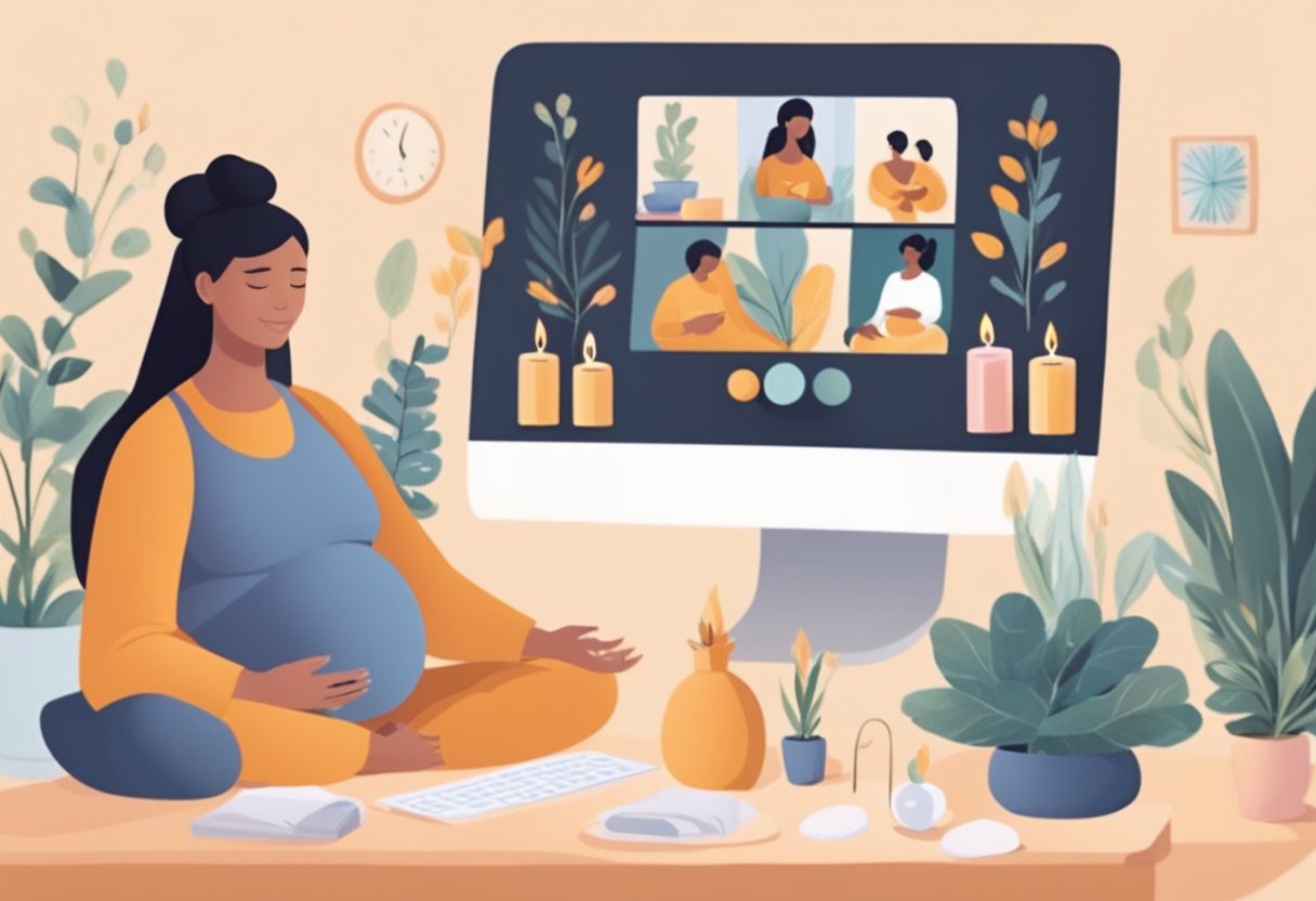 A serene virtual doula providing support and guidance to a pregnant client through a video call, surrounded by calming elements like candles and essential oils