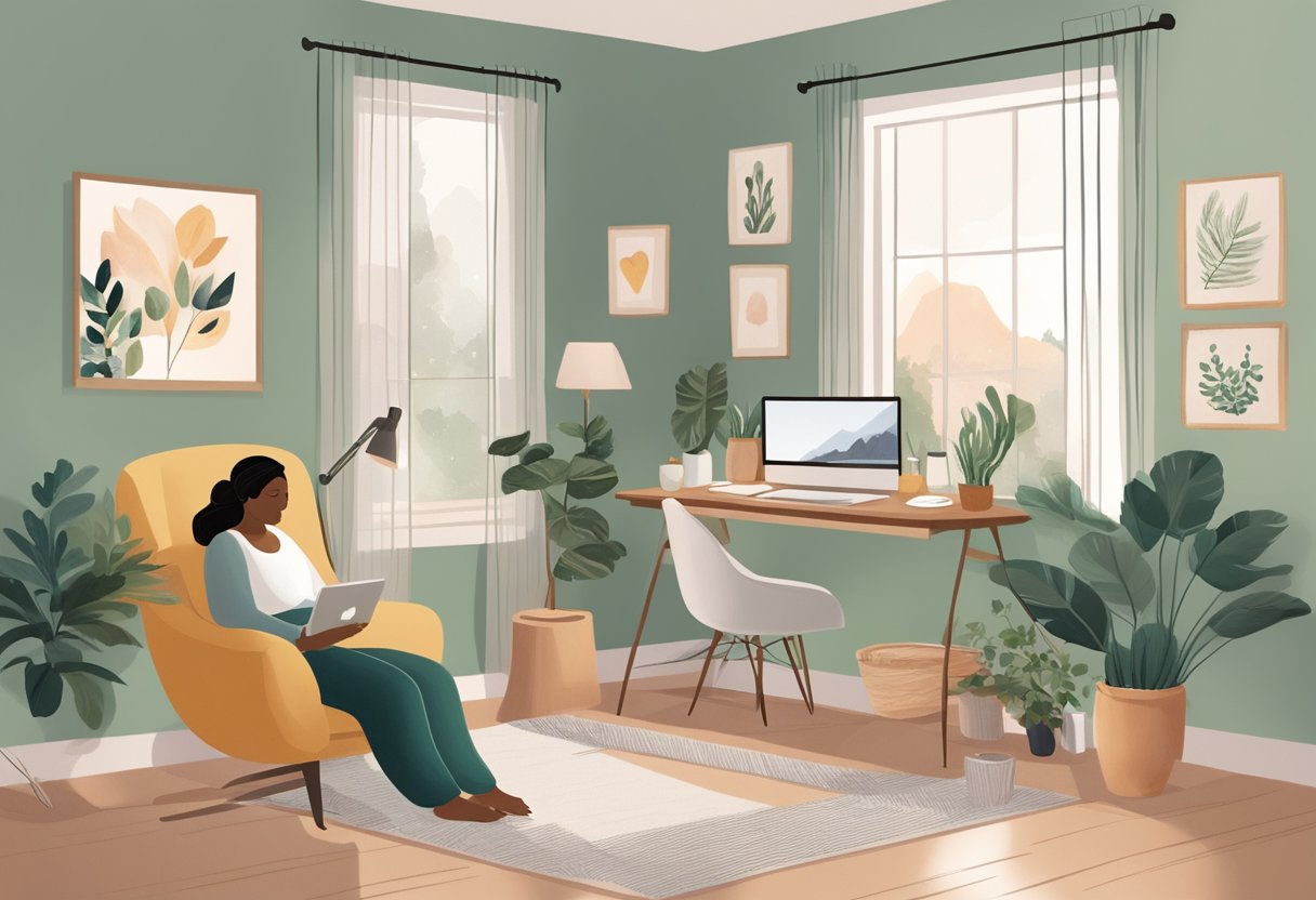 A serene virtual doula providing support via video call in a cozy Minnesota home office, surrounded by comforting and nurturing elements