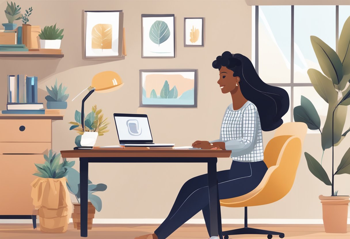 A virtual doula providing career guidance to a client via video call in a cozy home office setting, with a laptop, notepad, and pen on the desk