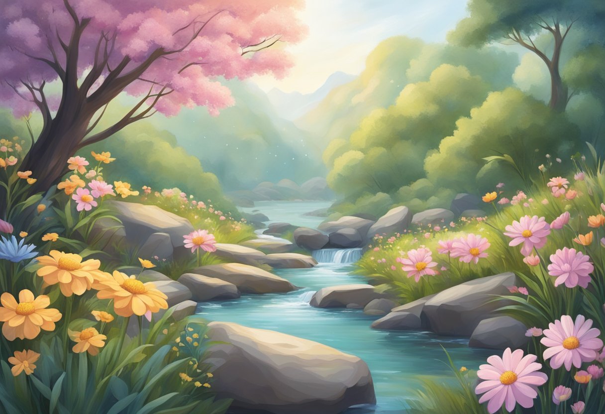 A serene, nature-inspired setting with symbols of growth, comfort, and support, such as blooming flowers, a gentle stream, and a comforting embrace