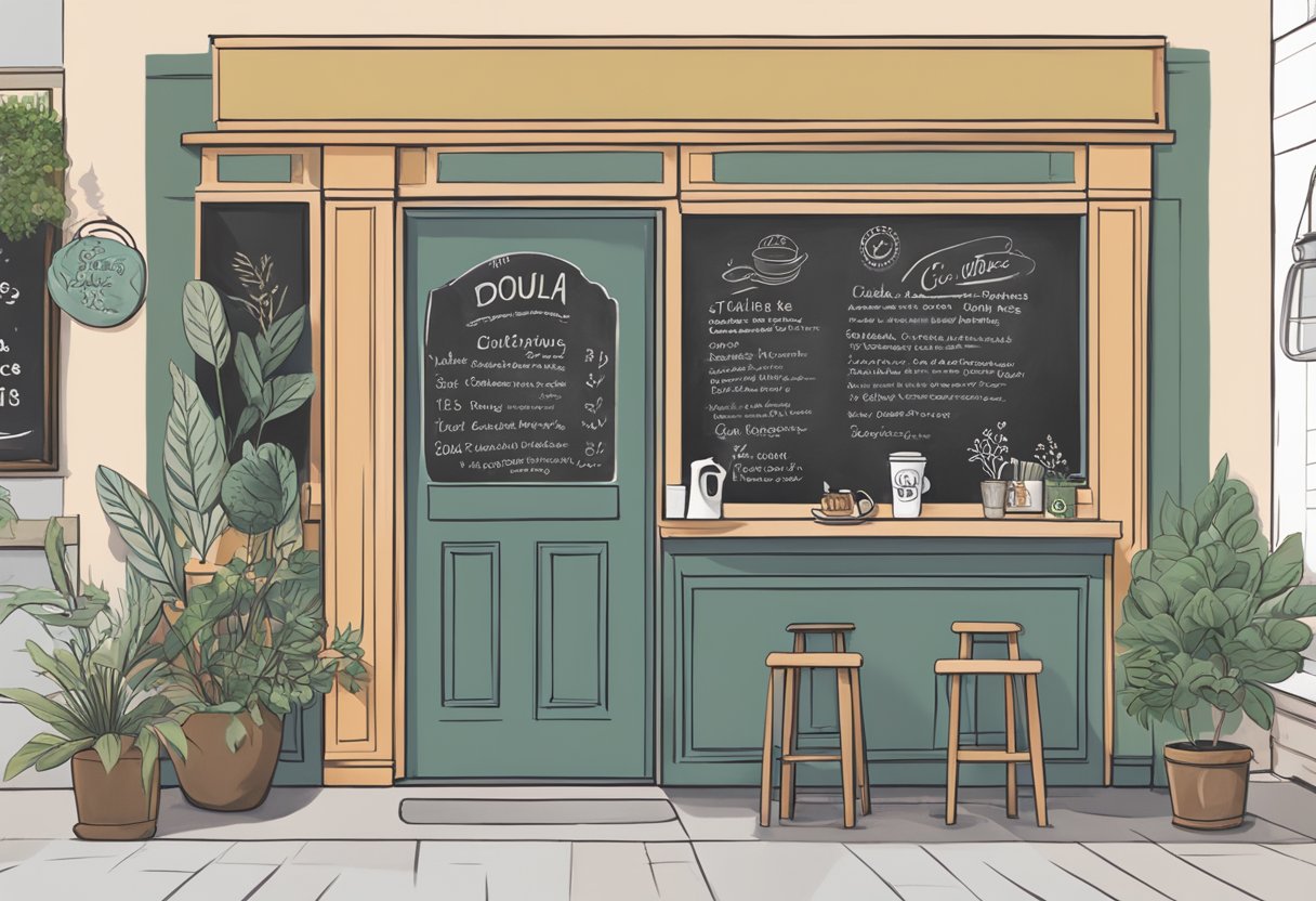 A cozy coffee shop in Minnesota, with a chalkboard sign promoting doula services. Local artwork and plants create a welcoming atmosphere