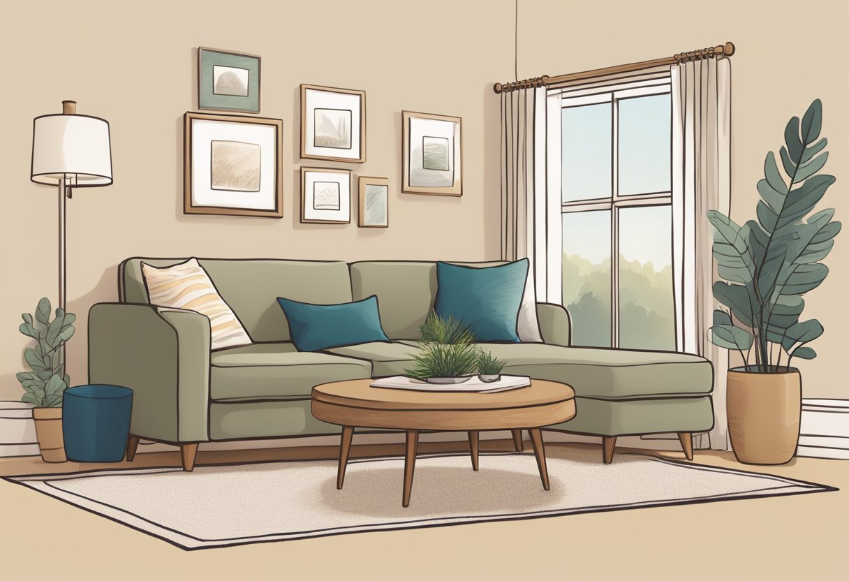 A serene, cozy living room with a comfortable couch and soft lighting. A table displays informational brochures and business cards for doula services in Minnesota