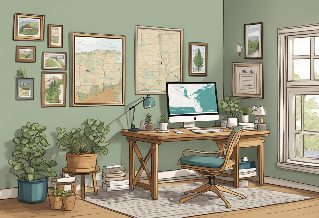 A cozy home office with a computer and desk, surrounded by Minnesota-themed decor. The website is displayed on the computer screen, with SEO tips written on a notepad