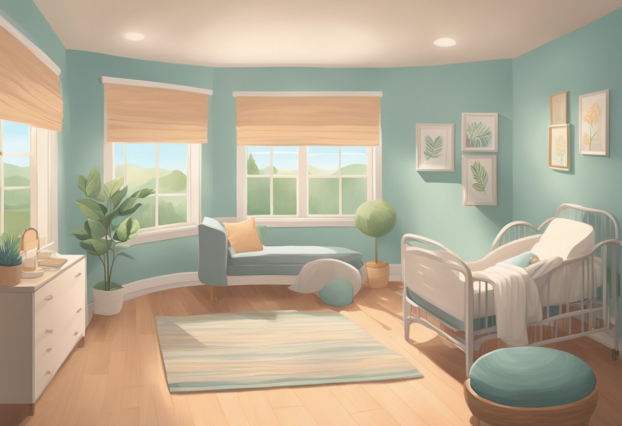 A serene birthing room in Minnesota, with a comforting doula providing support to a mother-to-be. The room is filled with soft lighting and soothing colors, creating a peaceful and safe environment