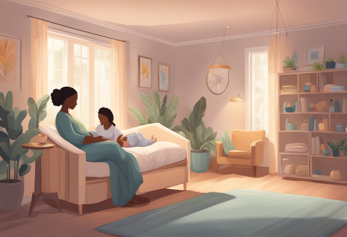 A serene birthing room with a doula providing support to a laboring mother, surrounded by comforting and calming elements such as soft lighting and soothing music