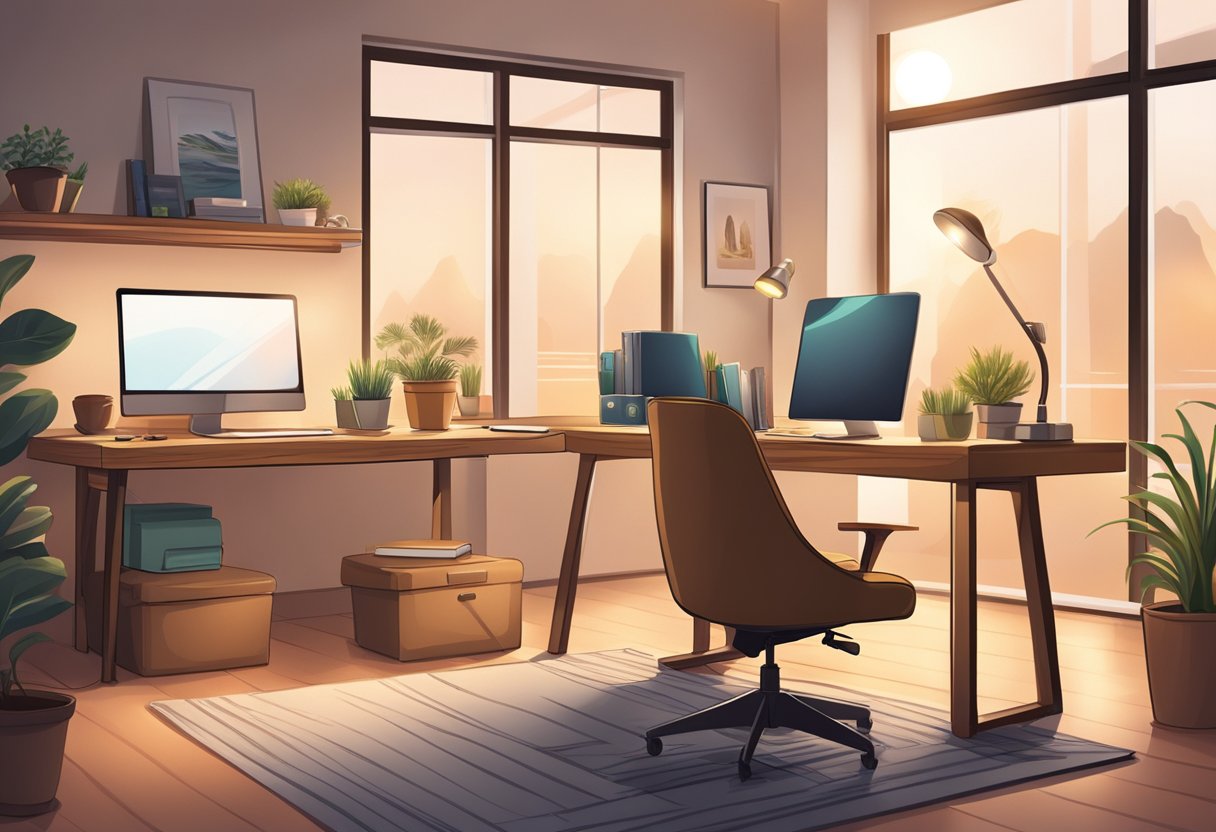 A serene, cozy office space with a desk, computer, and phone. A warm, inviting atmosphere with soft lighting and comfortable seating