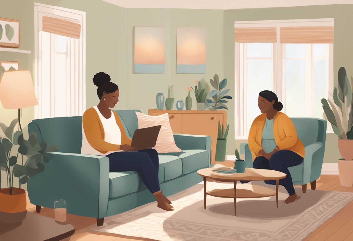 A doula mentor in Minnesota guiding a new doula through a birth support session in a cozy, softly lit living room