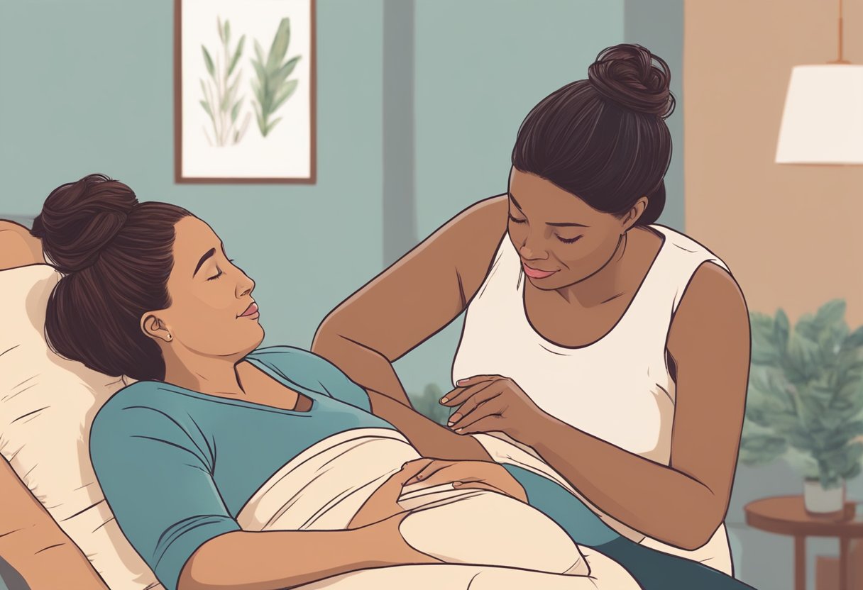 A doula mentor in Minnesota comforting and guiding a pregnant woman during labor, creating a supportive and calming environment