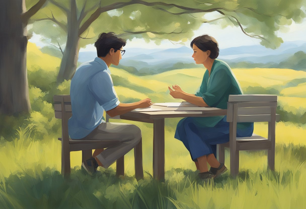 A serene setting with two figures in conversation, one teaching and guiding the other. A sense of mentorship and support is evident in their interaction