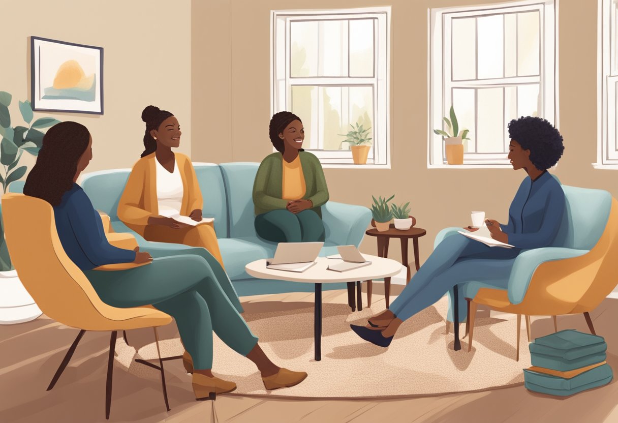 A serene doula mentor meeting in a cozy Minnesota office, with warm natural lighting and comfortable seating for a supportive and educational discussion