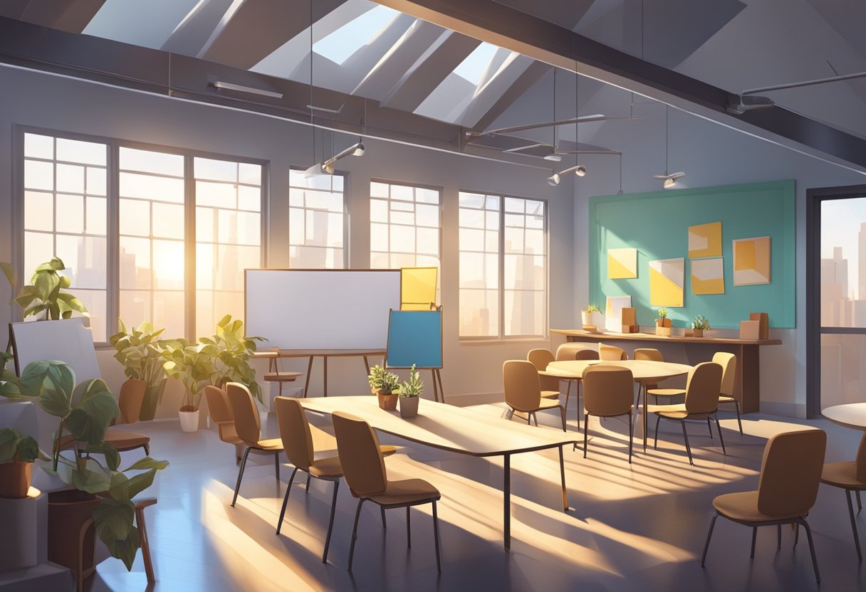 A cozy workshop room with a circle of chairs, a whiteboard, and a table with refreshments. Sunlight streams in through large windows