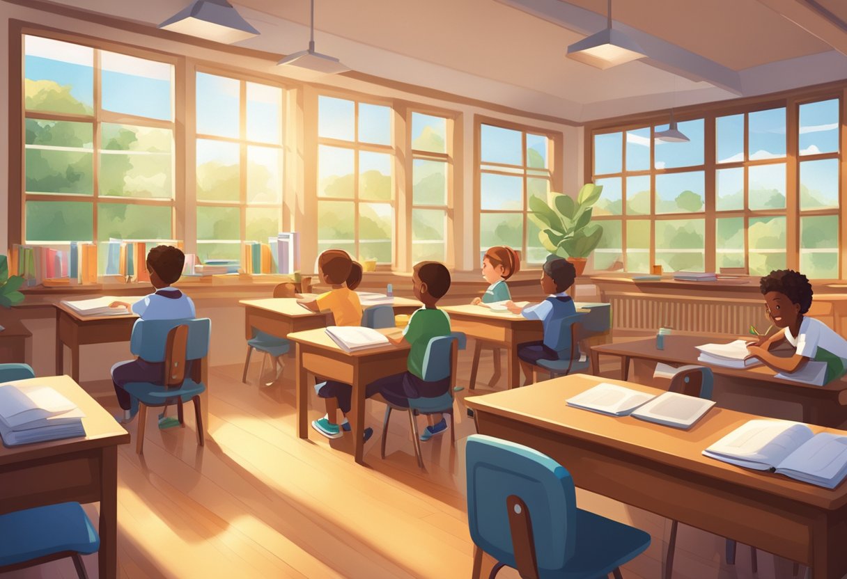 A cozy classroom filled with eager students, surrounded by educational materials and resources. Bright, natural light streams in through large windows, creating a warm and inviting atmosphere for learning