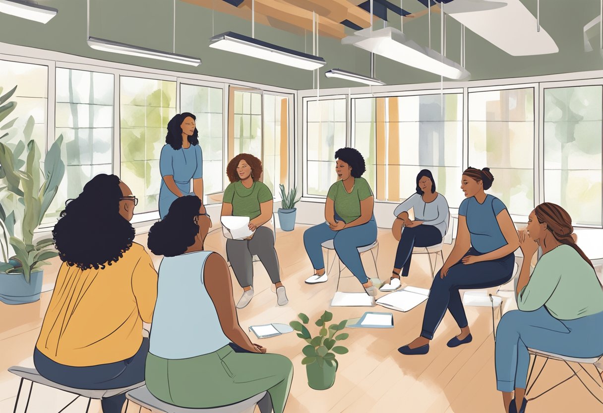 A group of doulas gather in a bright, spacious workshop space in Minnesota, engaged in lively discussion and learning opportunities