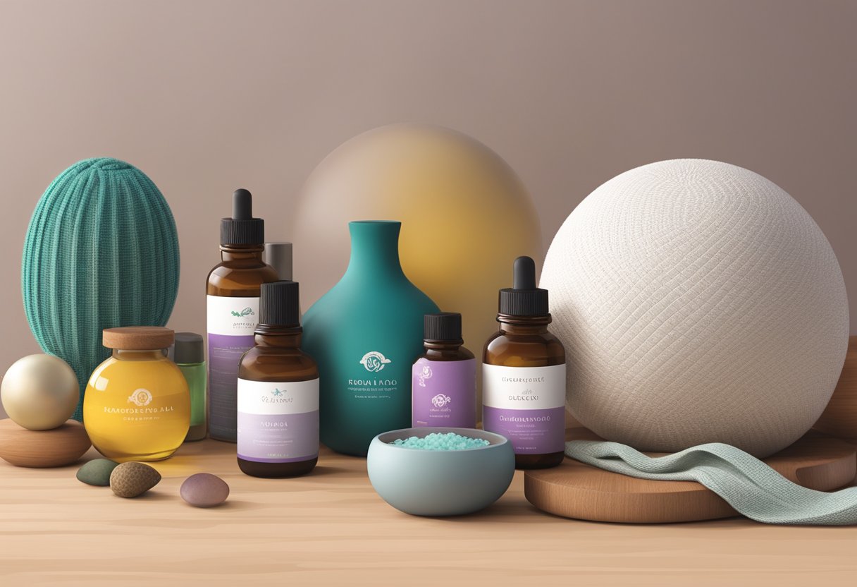 A table displays essential doula tools: birth ball, massage oils, rebozo, aromatherapy diffuser, and educational materials